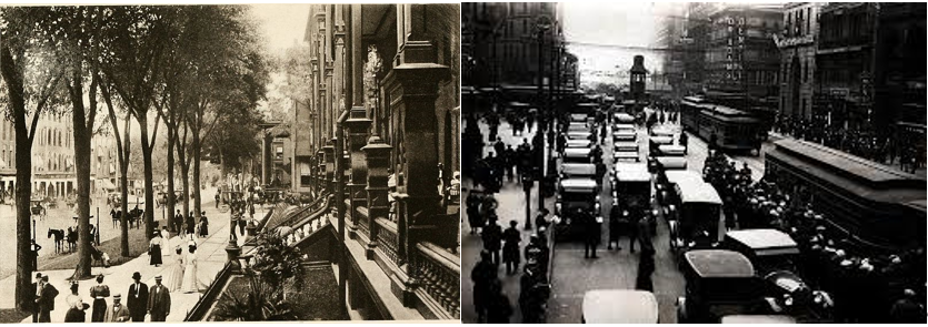 Figure 2: U.S. street scenes in 1900 (left) and 1920 (right)